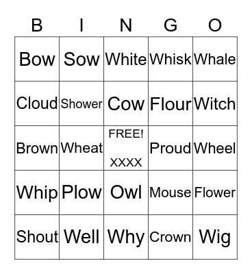 Gavin's "Wh", "OW", and "OU" Words Bingo Card