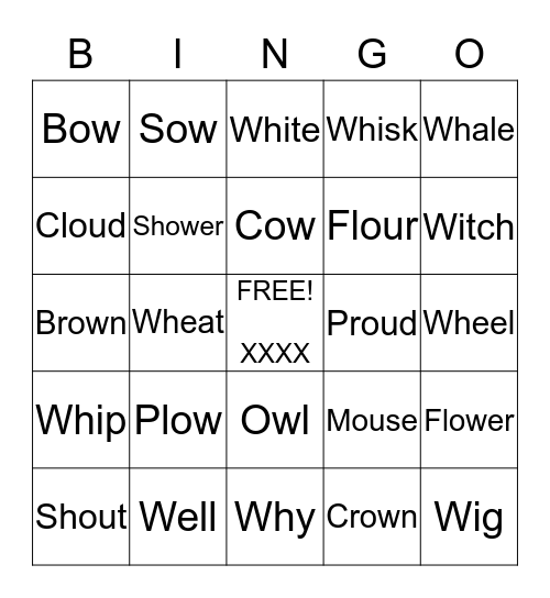 Gavin's "Wh", "OW", and "OU" Words Bingo Card