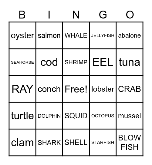 Sea Creatures Bingo Card