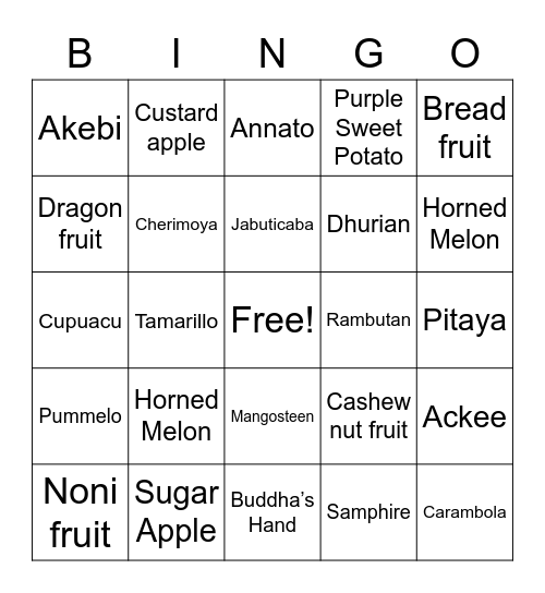 Exotic Fruits Bingo Card
