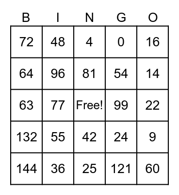STOP Multiplication Bingo Card
