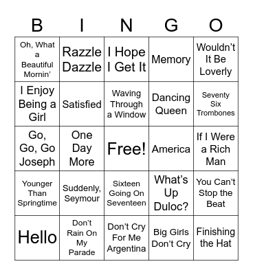 Broadway Songs Bingo Card