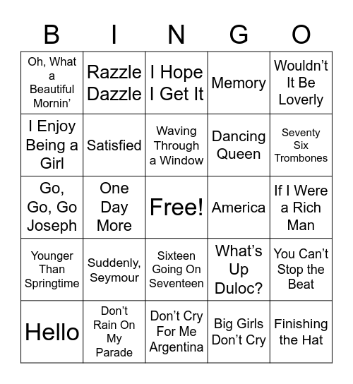 Broadway Songs Bingo Card