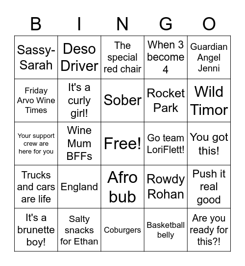 Sarah's Baby Shower Bingo Card