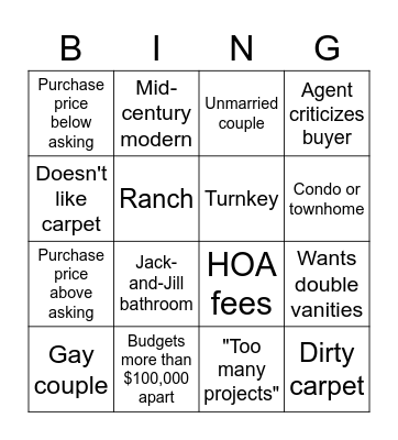 House Hunters Bingo Card