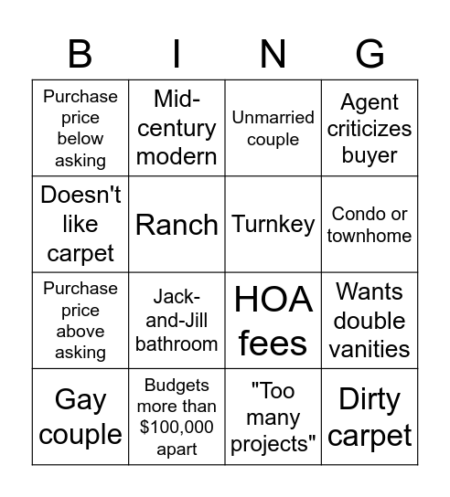 House Hunters Bingo Card