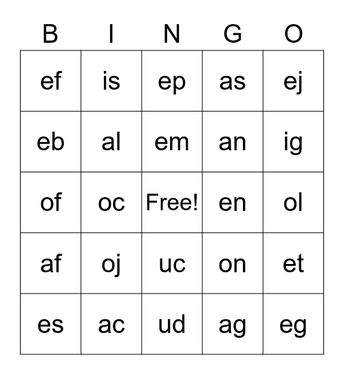 Two letters sounds Bingo Card