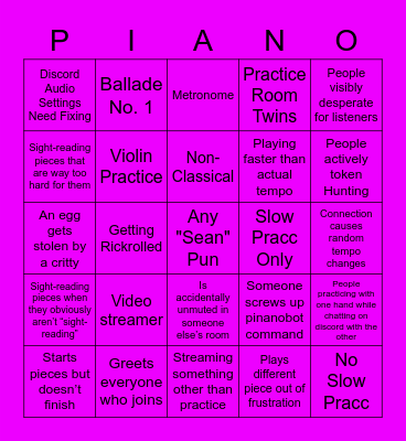 Pinano Practice Room Bingo Card