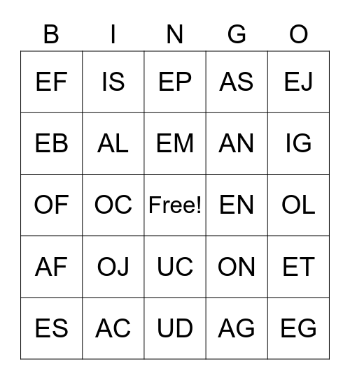 TWO LETTERS Bingo Card