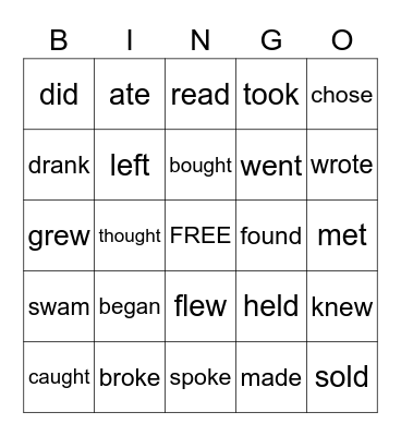 Irregular verbs Bingo Card