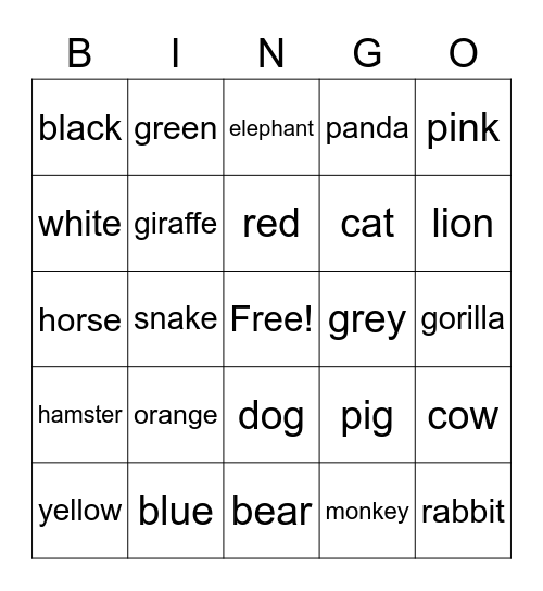 Animals and Colours Bingo Card