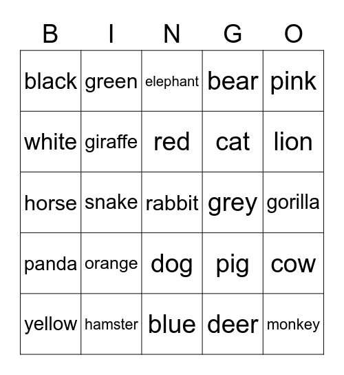 Animals and Colours Bingo Card