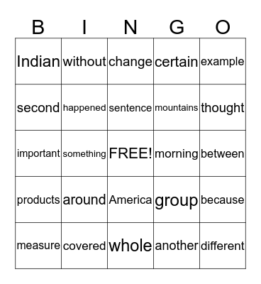 Spelling Words Bingo Card