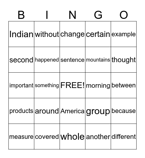 Spelling Words Bingo Card
