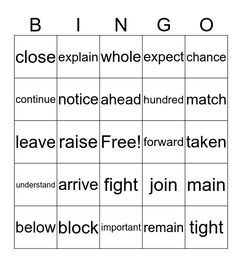 Sight Words Bingo Card