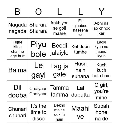 BOLLYWOOD SONG BINGO Card