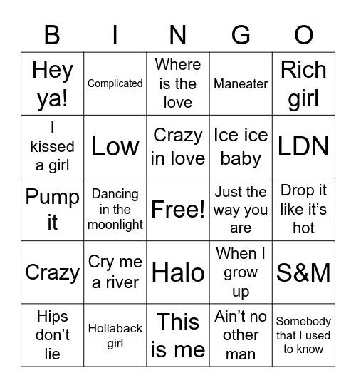 Meg’s Musical 2000s Bingo Card