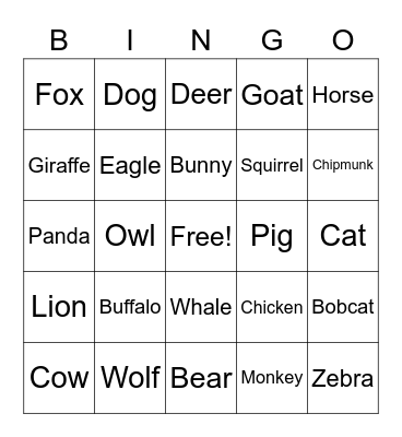 Animals , Animals Bingo Card