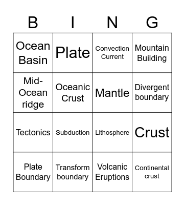 Plate Tectonics BINGO Card