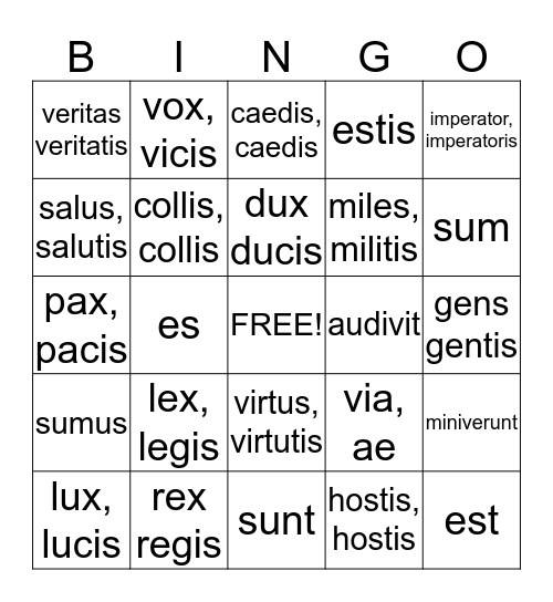 Latin Weeks 7-9 Challenge A Bingo Card