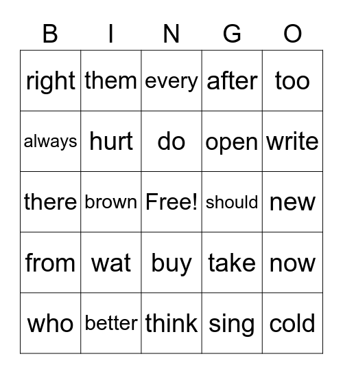 Early Reader Bingo -Level 2 Bingo Card