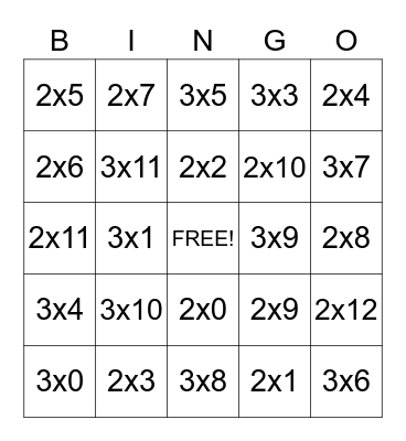 Multiplication Bingo Card