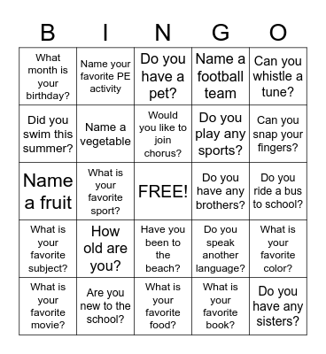 Getting to know you Bingo Card