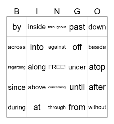 Prepositions Bingo Card