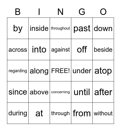 Prepositions Bingo Card