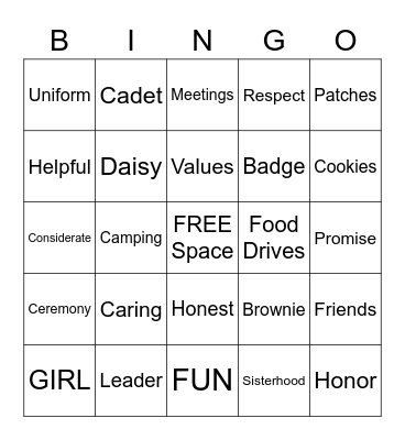 Girl Scout Bingo Card