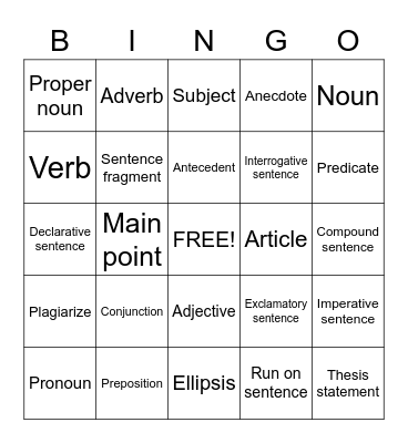 English Writing Bingo Card