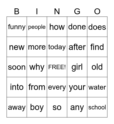 Sight Words Bingo Card