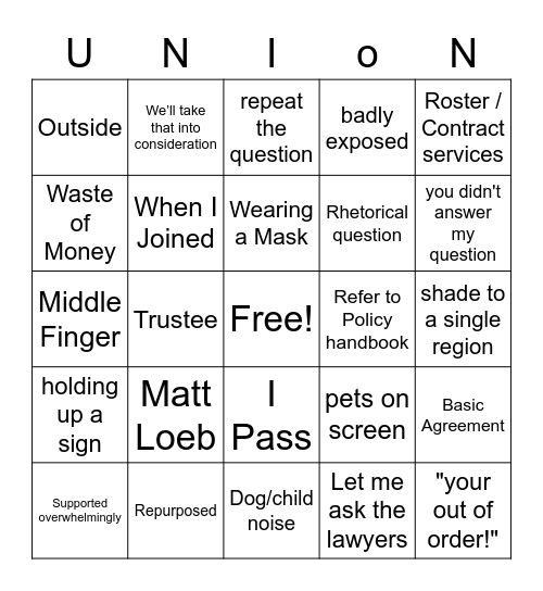 Union Bingo Card