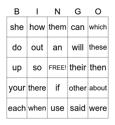Sight Words Bingo Card