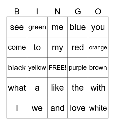Sight Words Bingo Card