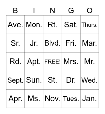 ABBREVIATIONS Bingo Card