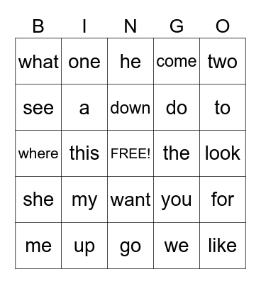 Sight Words Bingo Card
