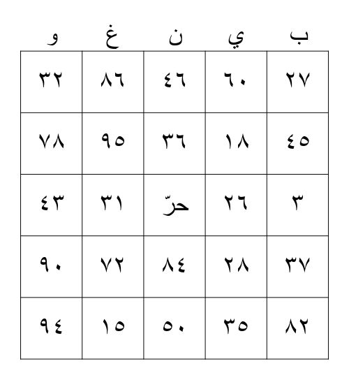 Arabic Numbers Bingo Card