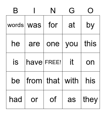 Sight Words Bingo Card