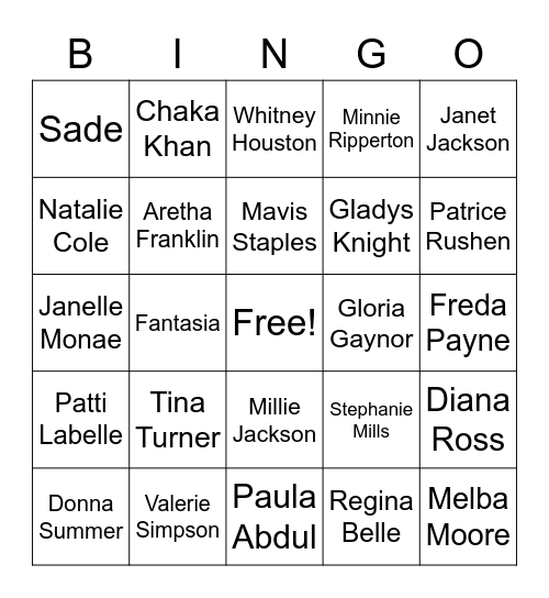 Female R&B Icons Bingo Card