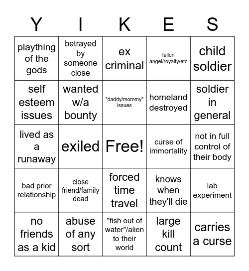 Beating My Characters Up Backstory-Wise Bingo Card