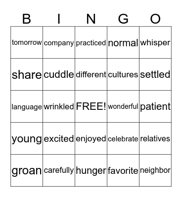 Vocabulary Bingo Card