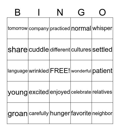 Vocabulary Bingo Card