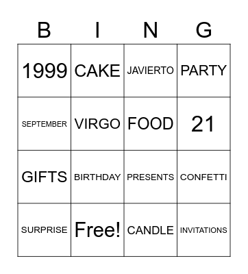 Jana's 21st Birthday Bingo Card