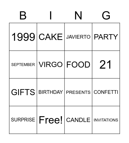 Jana's 21st Birthday Bingo Card