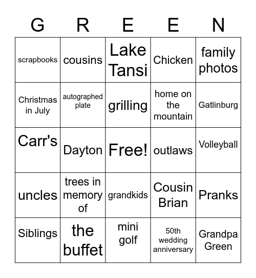 FAMILY REUNION 2020 BINGO Card