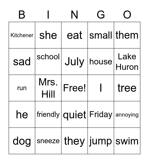 Parts of Speech Bingo Card