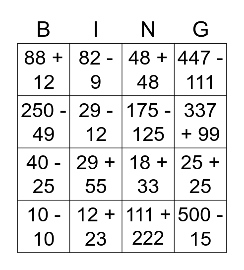 addition and subtraction bingo Card