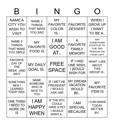 Getting to know you BINGO Card