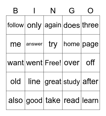 Sight Words Bingo Card